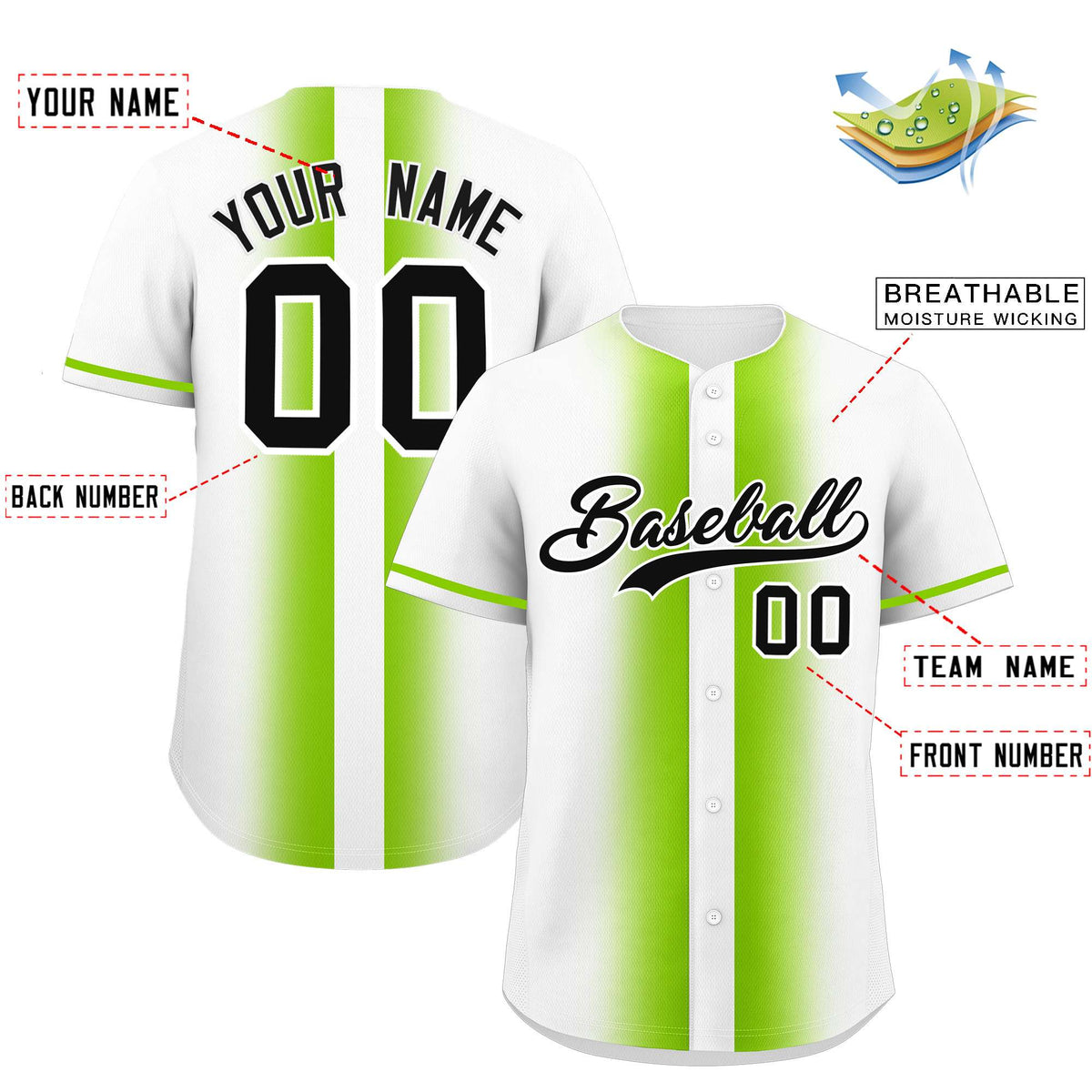 Custom White Neon Green Lapel Gradient Fashion Authentic Baseball Jersey| KXKSHOP