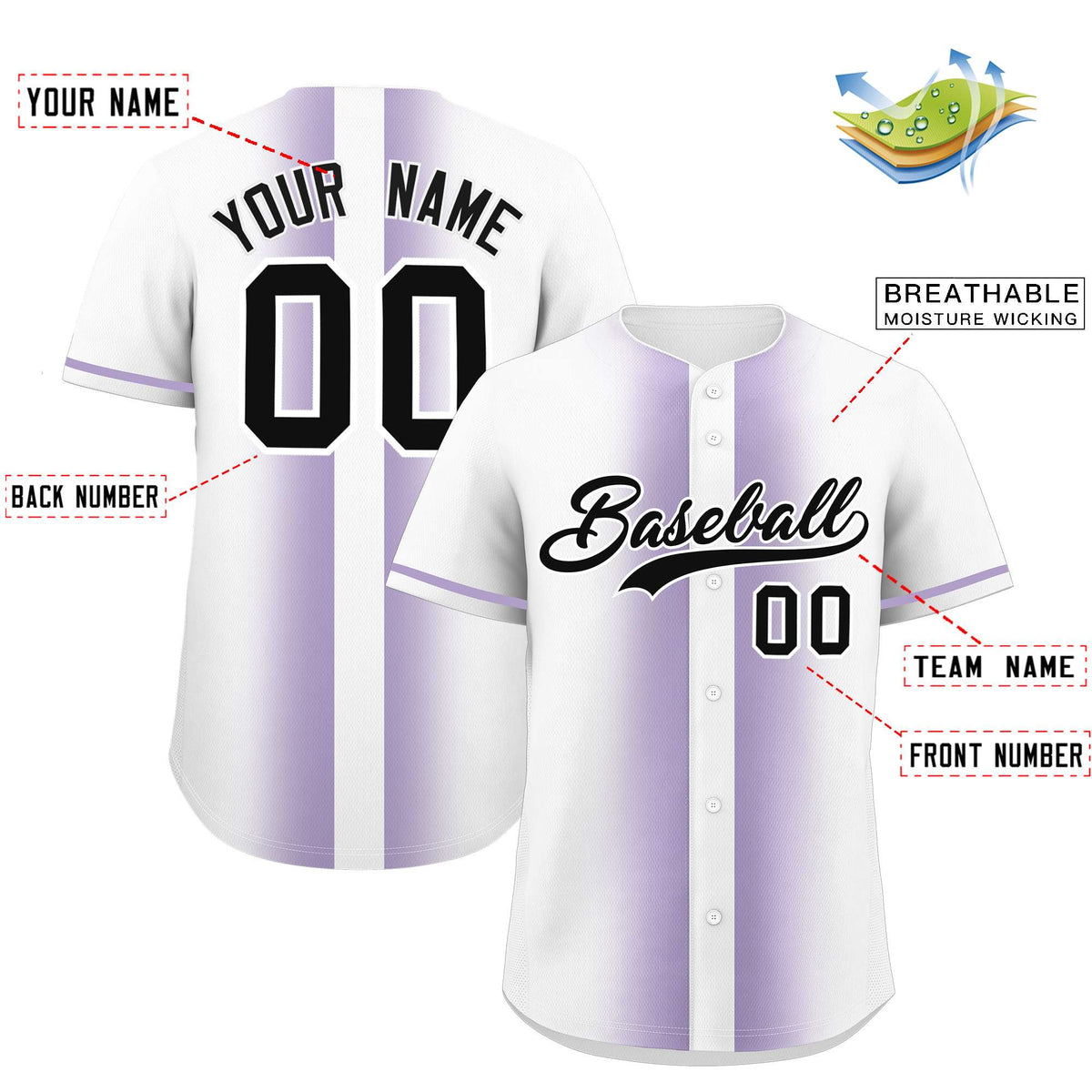 Custom White Light Purple Lapel Gradient Fashion Authentic Baseball Jersey| KXKSHOP