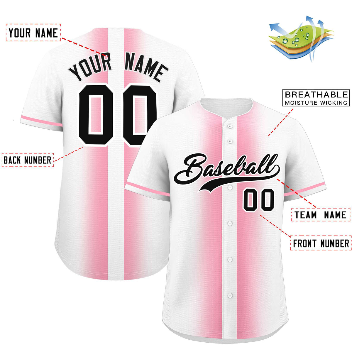 Custom White Light Pink Lapel Gradient Fashion Authentic Baseball Jersey| KXKSHOP