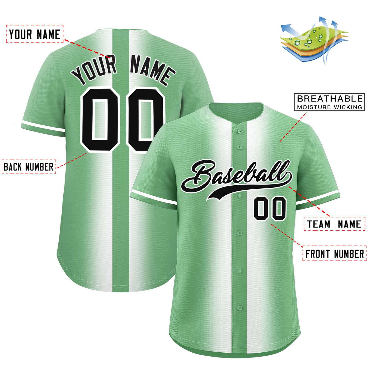 Custom Green White Lapel Gradient Fashion Authentic Baseball Jersey| KXKSHOP