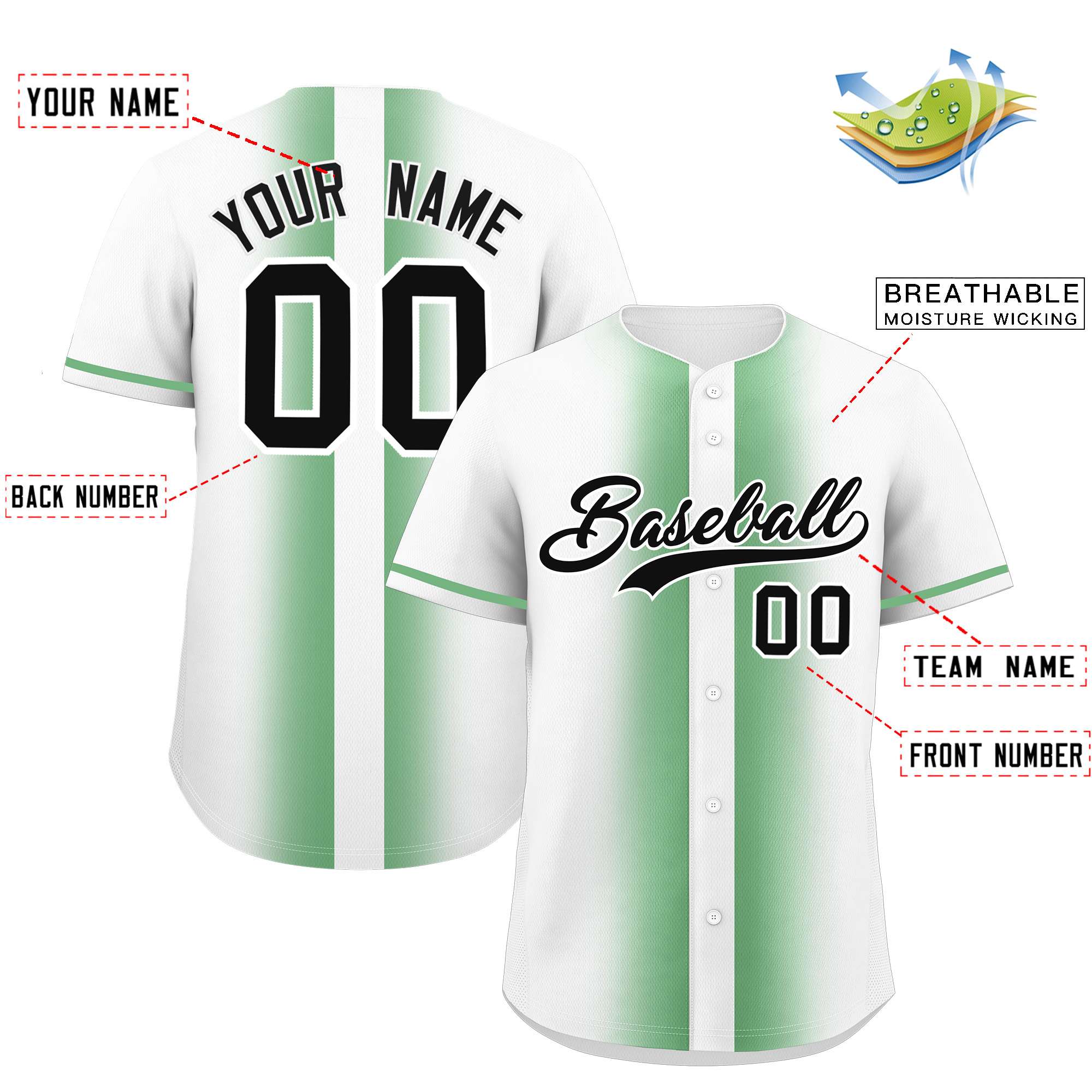 Custom Green White Lapel Gradient Fashion Authentic Baseball Jersey| KXKSHOP