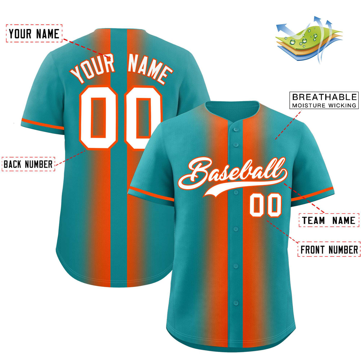 Custom Aqua Orange Lapel Gradient Fashion Authentic Baseball Jersey| KXKSHOP