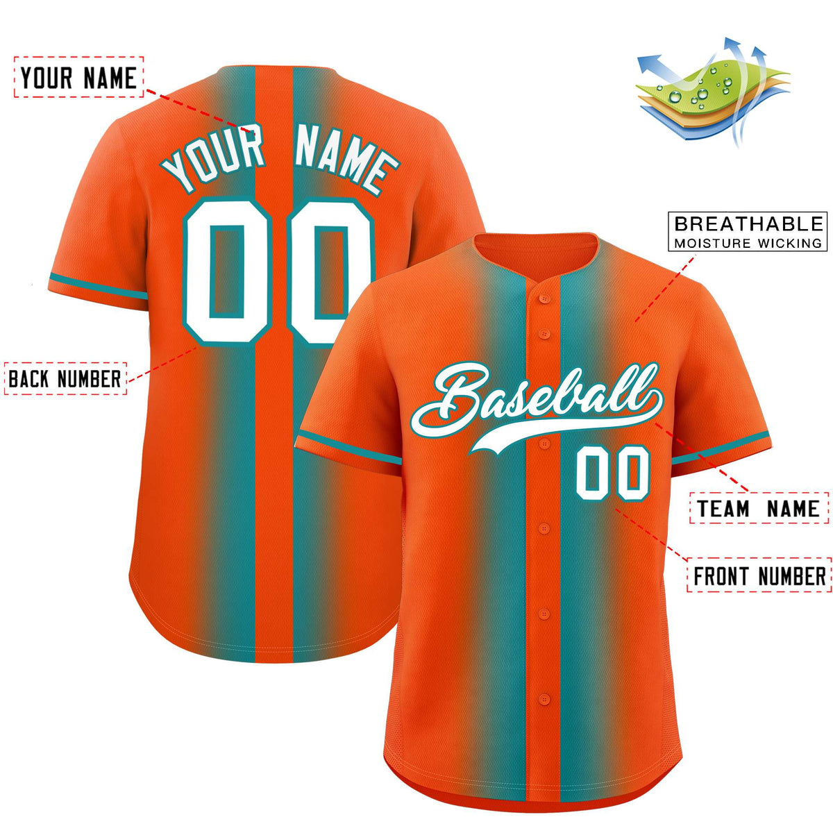 Custom Orange Aqua Lapel Gradient Fashion Authentic Baseball Jersey| KXKSHOP