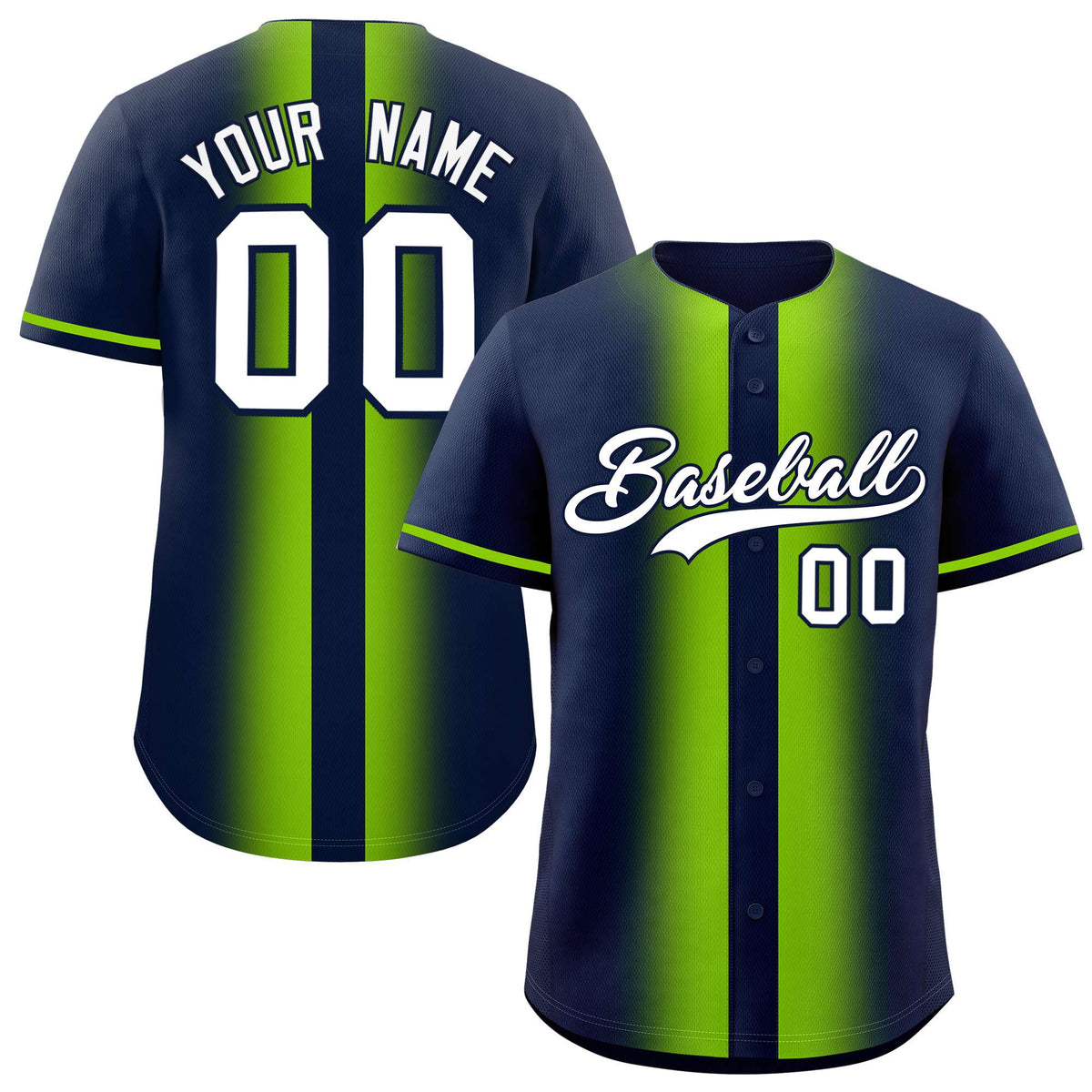 Custom Navy Neon Green Lapel Gradient Fashion Authentic Baseball Jersey| KXKSHOP