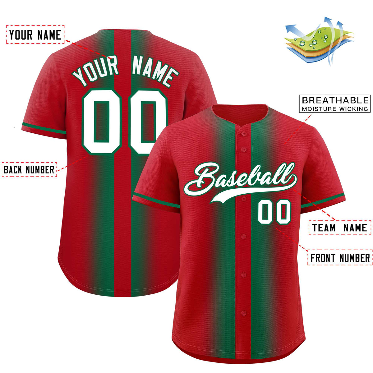 Custom Red Kelly Green Lapel Gradient Fashion Authentic Baseball Jersey| KXKSHOP