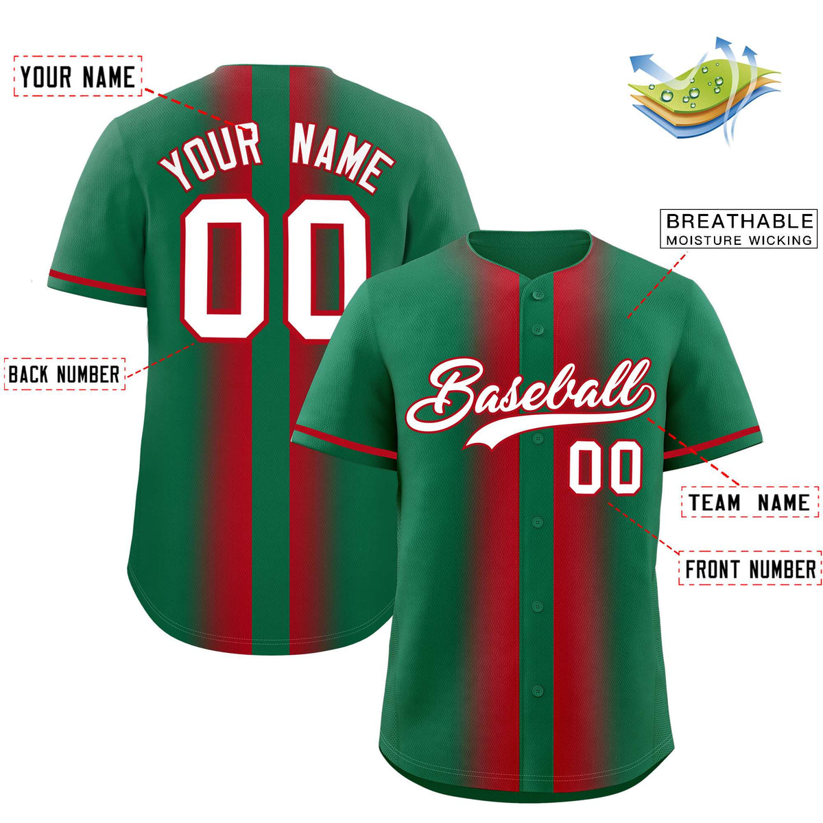 Custom Kelly Green Red Lapel Gradient Fashion Authentic Baseball Jersey| KXKSHOP