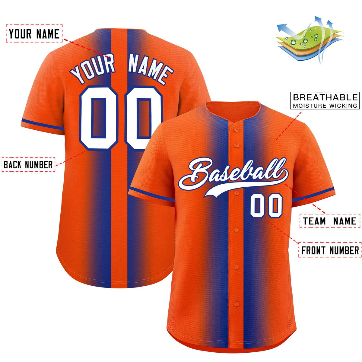 Custom Orange Royal Lapel Gradient Fashion Authentic Baseball Jersey| KXKSHOP