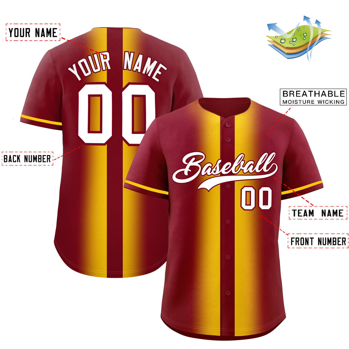 Custom Crimson Gold Lapel Gradient Fashion Authentic Baseball Jersey| KXKSHOP