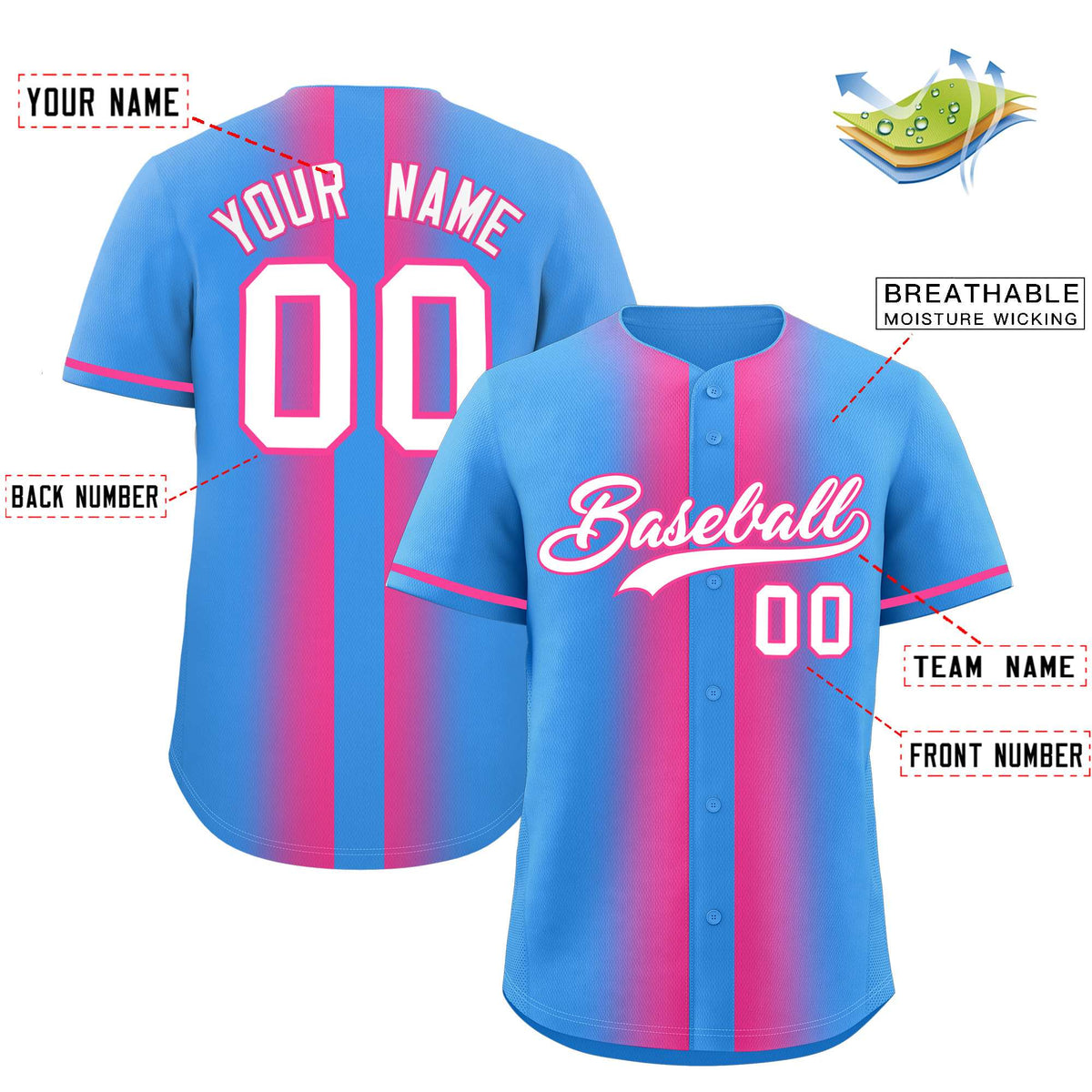 Custom Powder Blue Pink Lapel Gradient Fashion Authentic Baseball Jersey| KXKSHOP