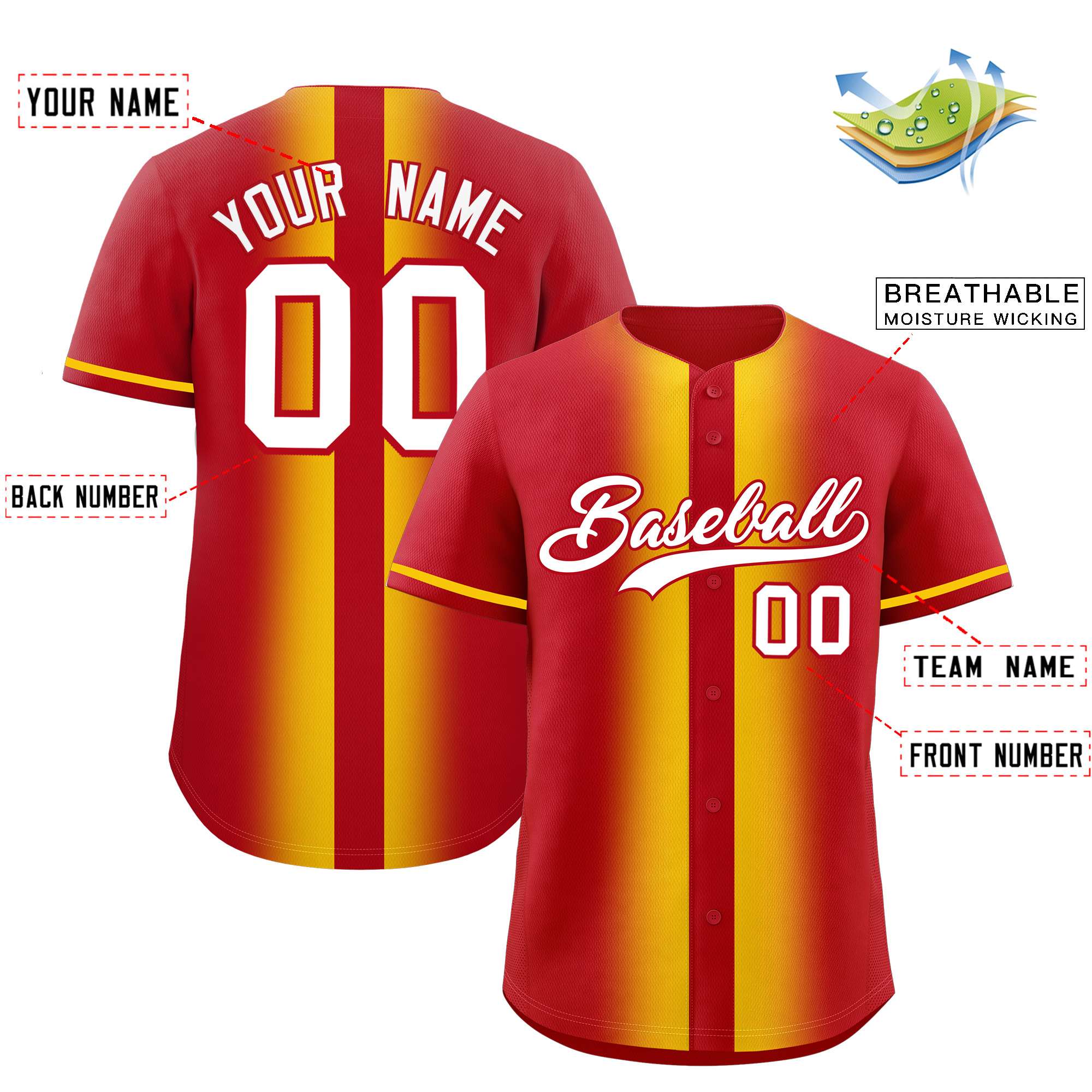 Custom Red Gold Lapel Gradient Fashion Authentic Baseball Jersey| KXKSHOP
