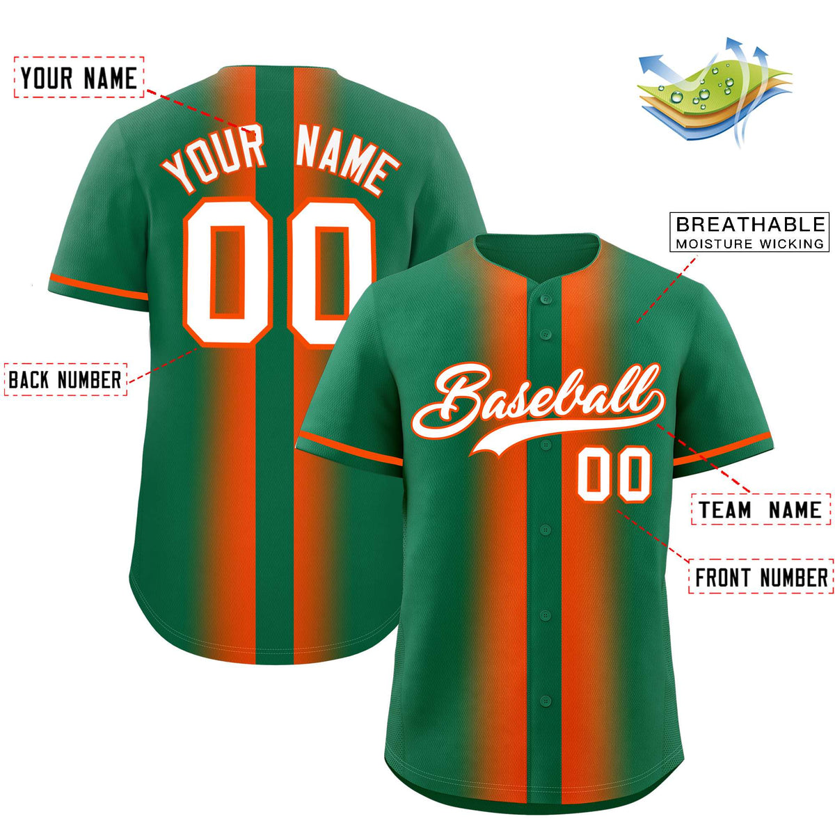 Custom Kelly Green Orange Lapel Gradient Fashion Authentic Baseball Jersey| KXKSHOP