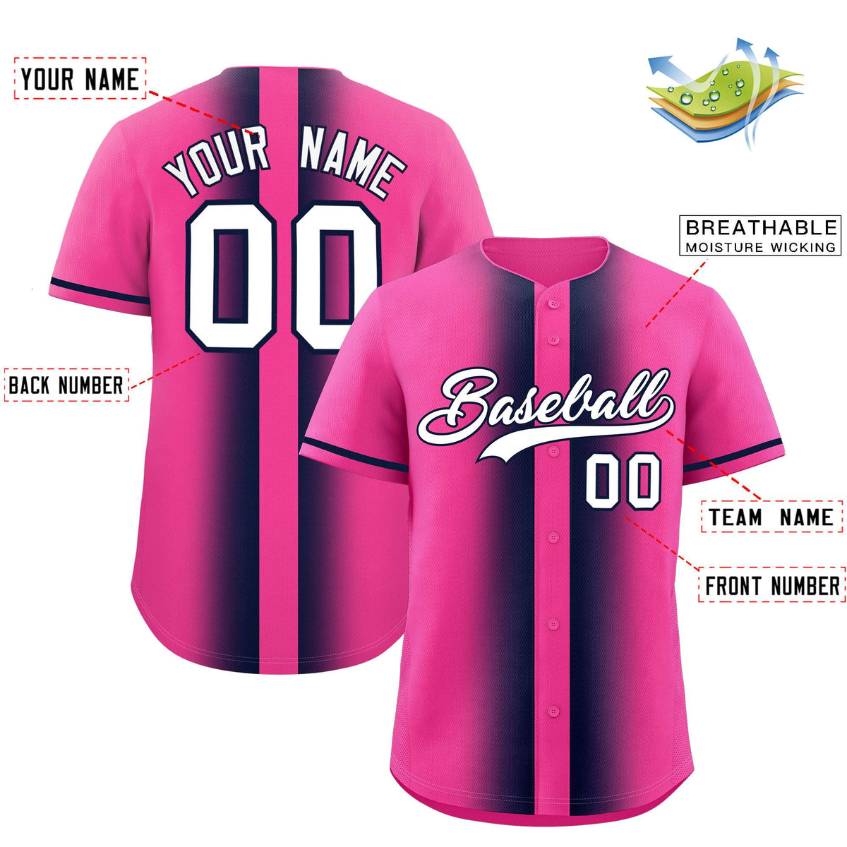 Custom Pink Navy Lapel Gradient Fashion Authentic Baseball Jersey| KXKSHOP