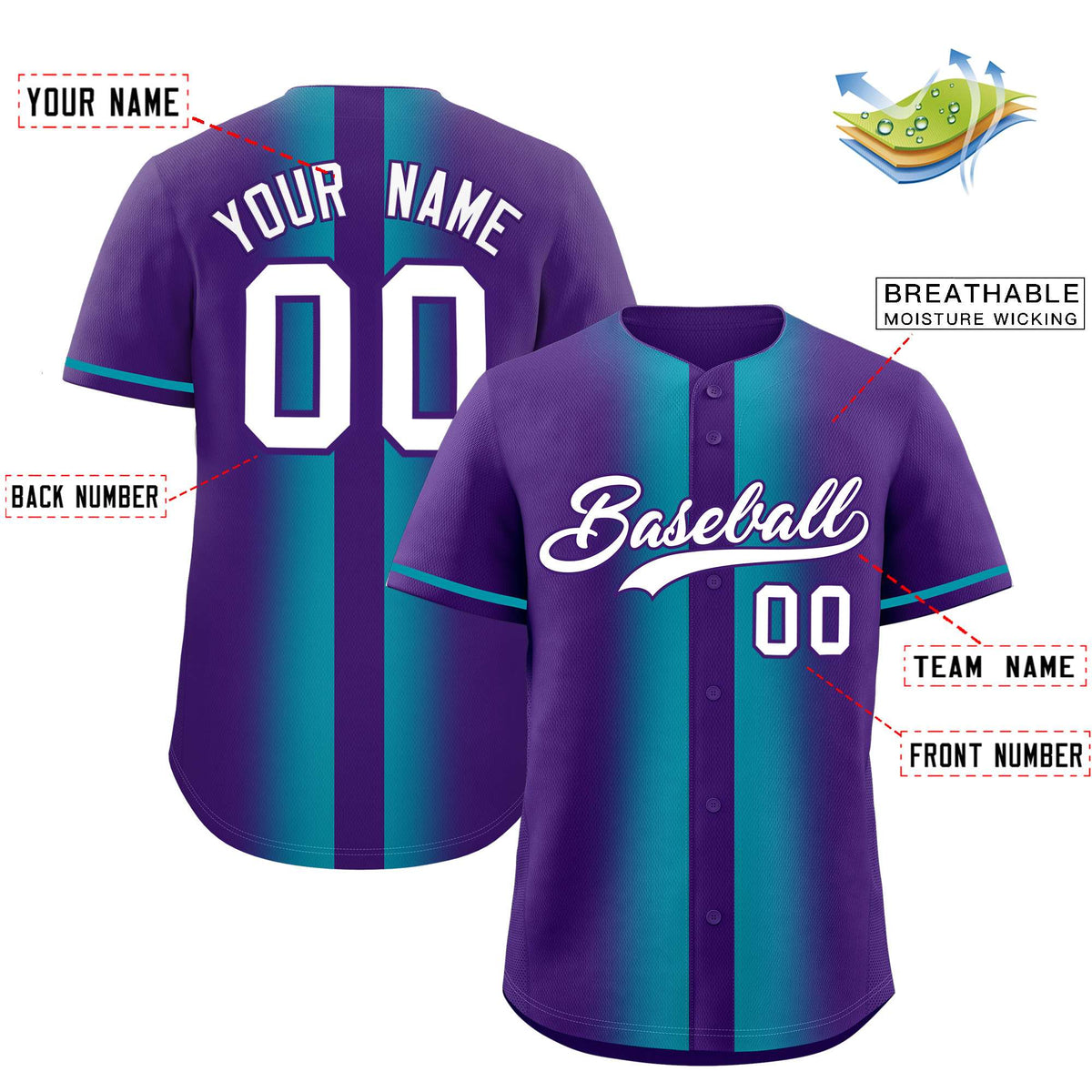 Custom Purple Aqua Lapel Gradient Fashion Authentic Baseball Jersey| KXKSHOP