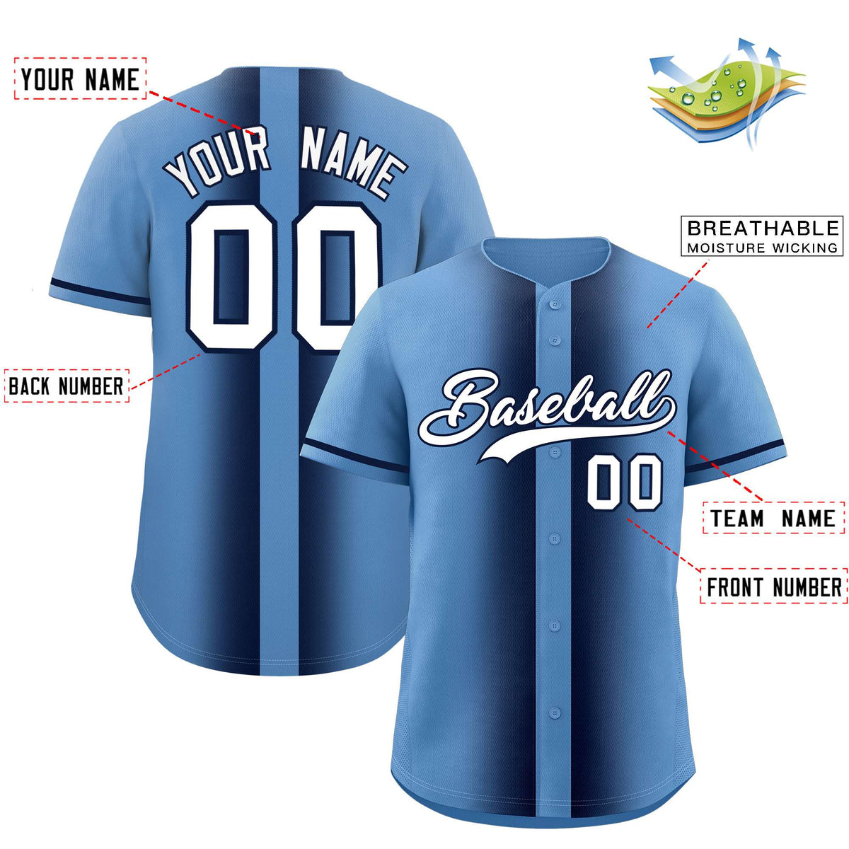 Custom Light Blue Navy Lapel Gradient Fashion Authentic Baseball Jersey| KXKSHOP