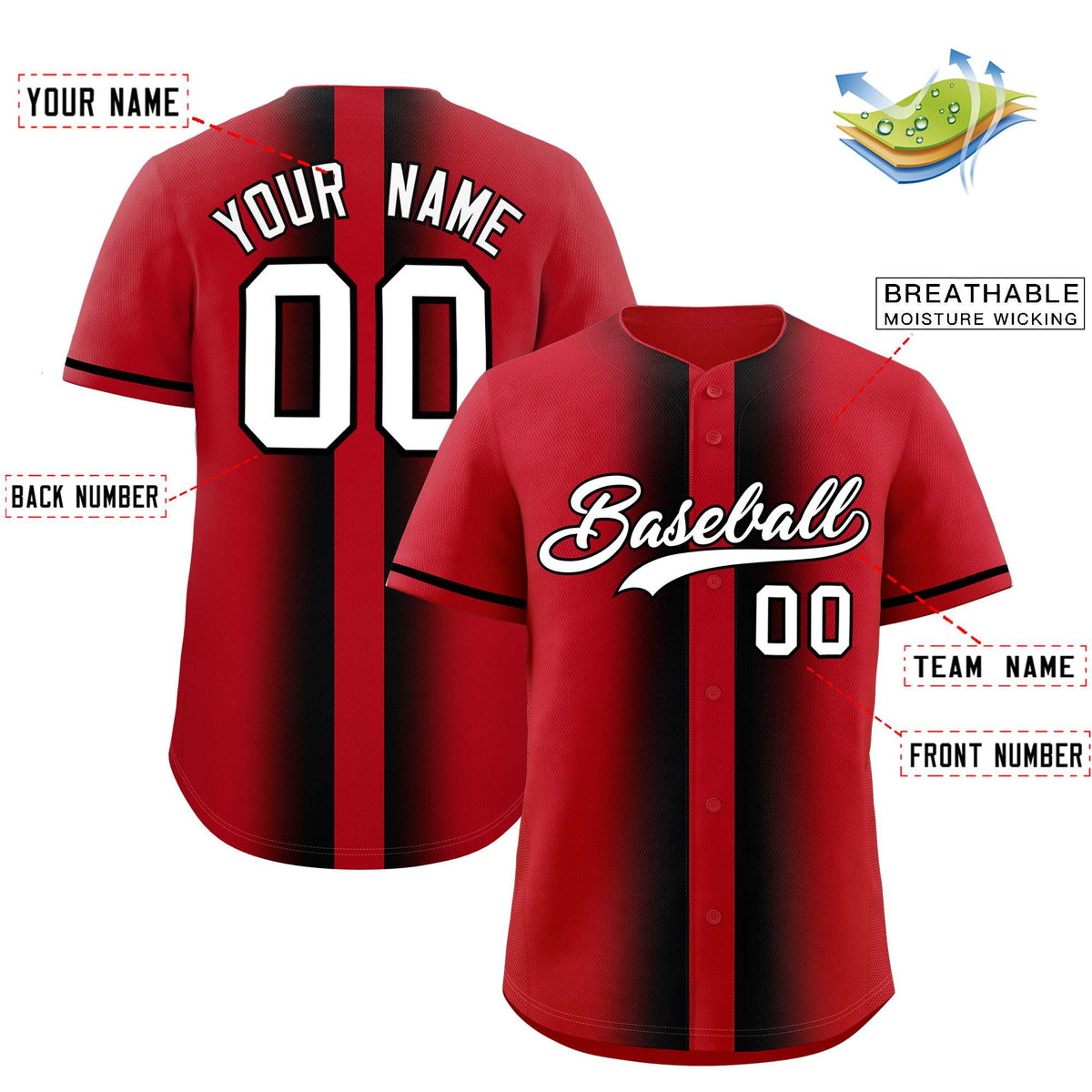 Custom Red Black Lapel Gradient Fashion Authentic Baseball Jersey| KXKSHOP