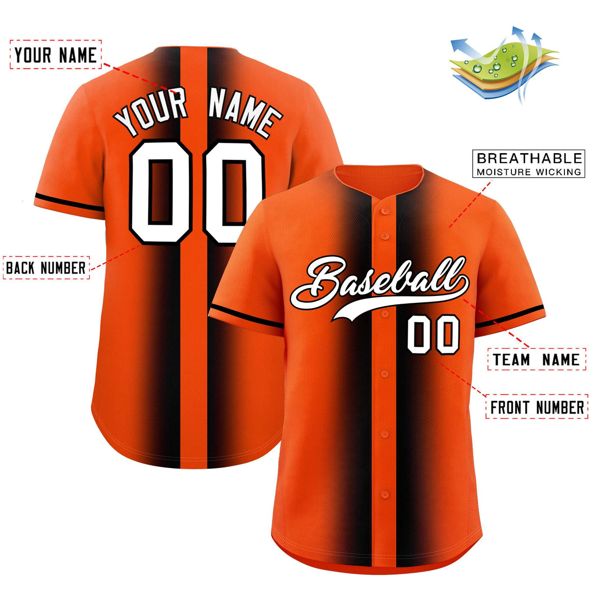 Custom Orange Black Lapel Gradient Fashion Authentic Baseball Jersey| KXKSHOP