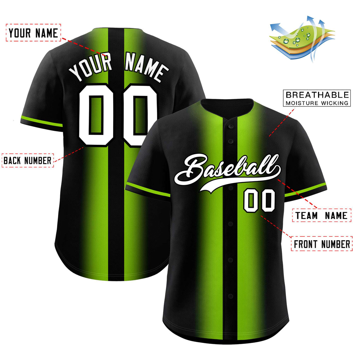 Custom Black Neon Green Lapel Gradient Fashion Authentic Baseball Jersey| KXKSHOP