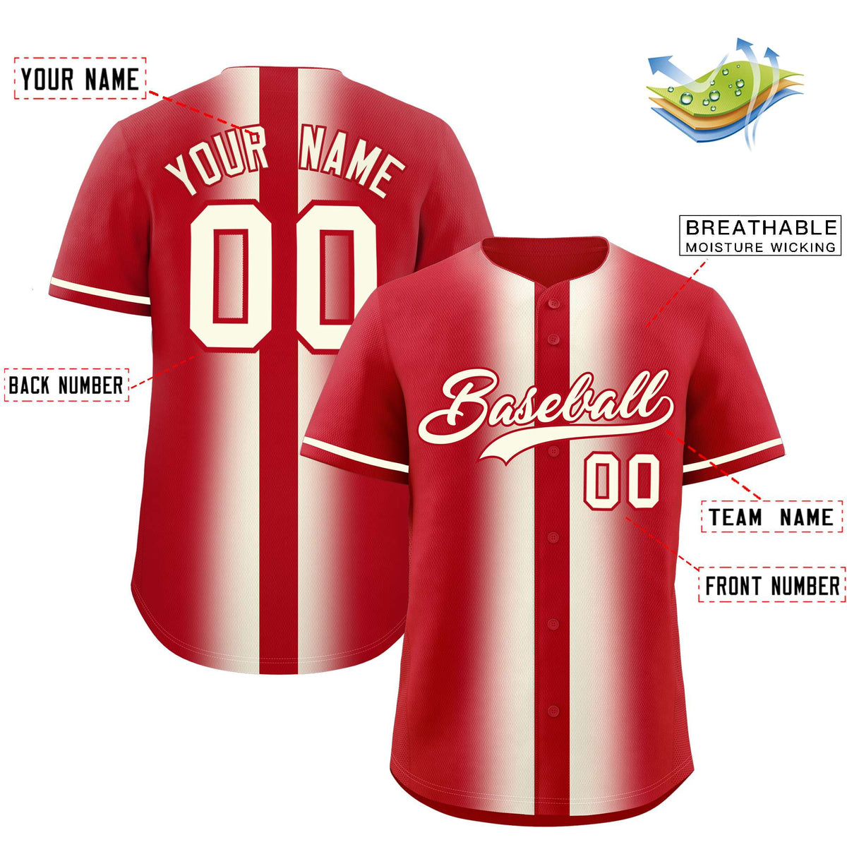 Custom Red Cream Lapel Gradient Fashion Authentic Baseball Jersey| KXKSHOP