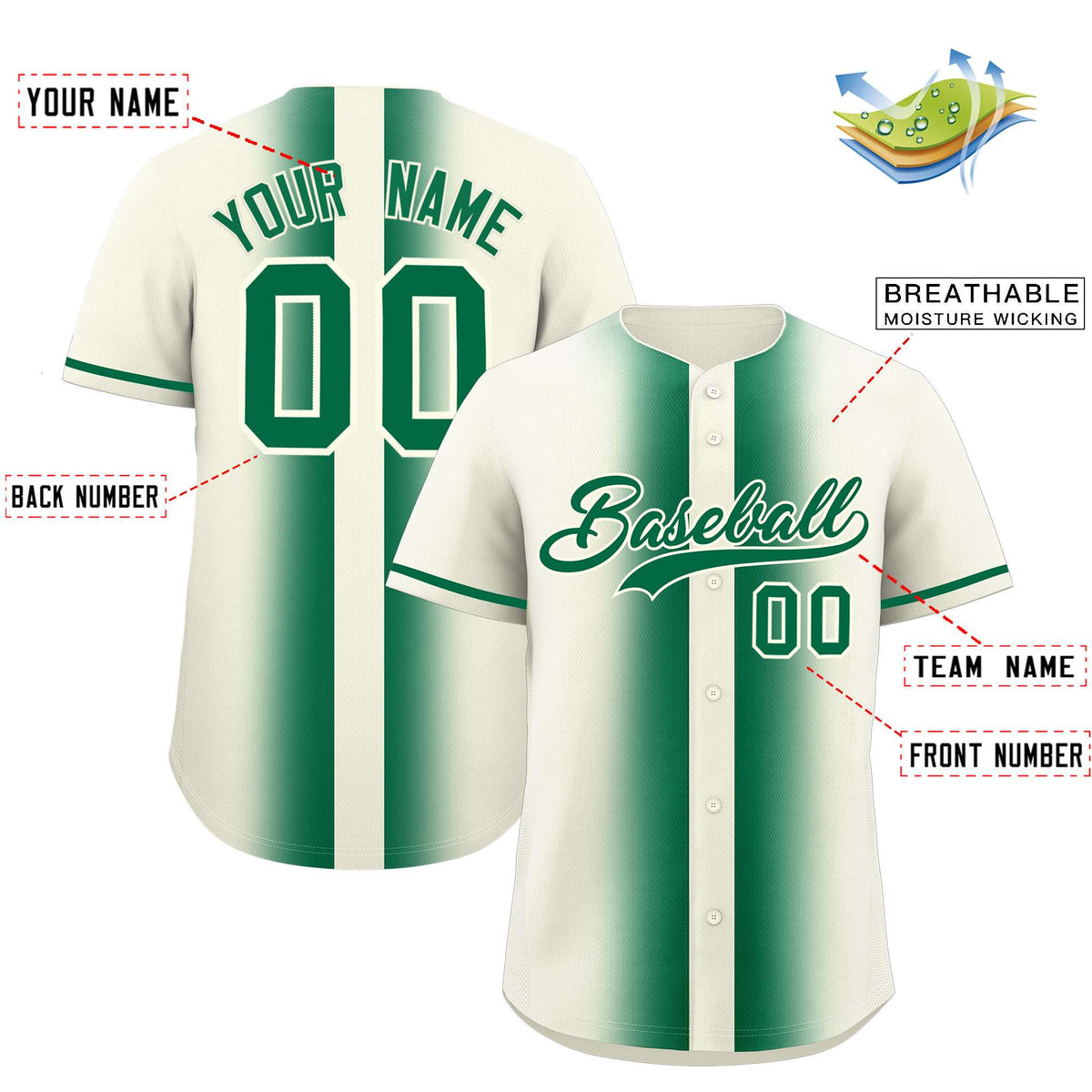 Custom Cream Kelly Green Lapel Gradient Fashion Authentic Baseball Jersey| KXKSHOP