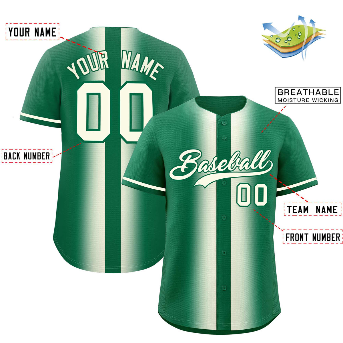 Custom Kelly Green Cream Lapel Gradient Fashion Authentic Baseball Jersey| KXKSHOP