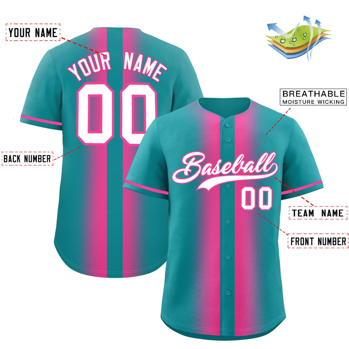 Custom Aqua Pink Lapel Gradient Fashion Authentic Baseball Jersey| KXKSHOP