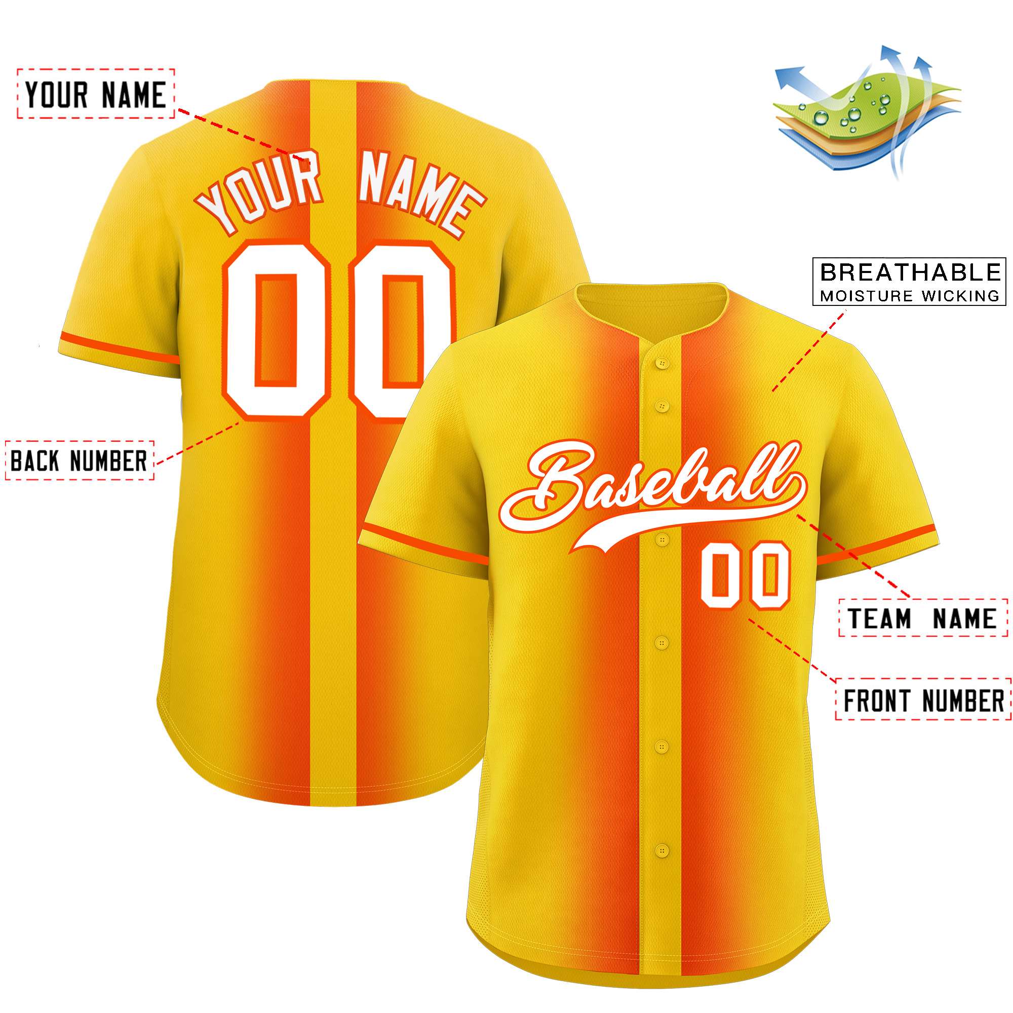 Custom Gold Orange Lapel Gradient Fashion Authentic Baseball Jersey| KXKSHOP