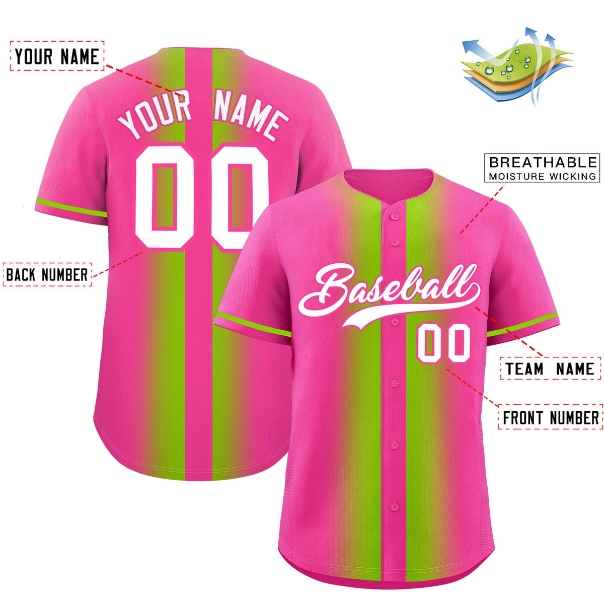 Custom Pink Neon Green Lapel Gradient Fashion Authentic Baseball Jersey| KXKSHOP