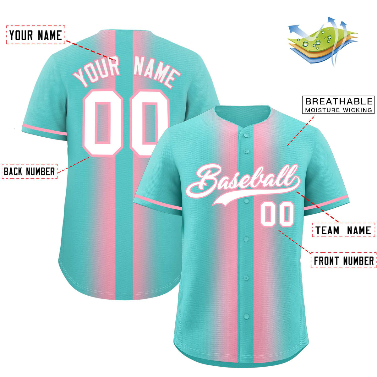 Custom Bright Green Light Pink Lapel Gradient Fashion Authentic Baseball Jersey| KXKSHOP