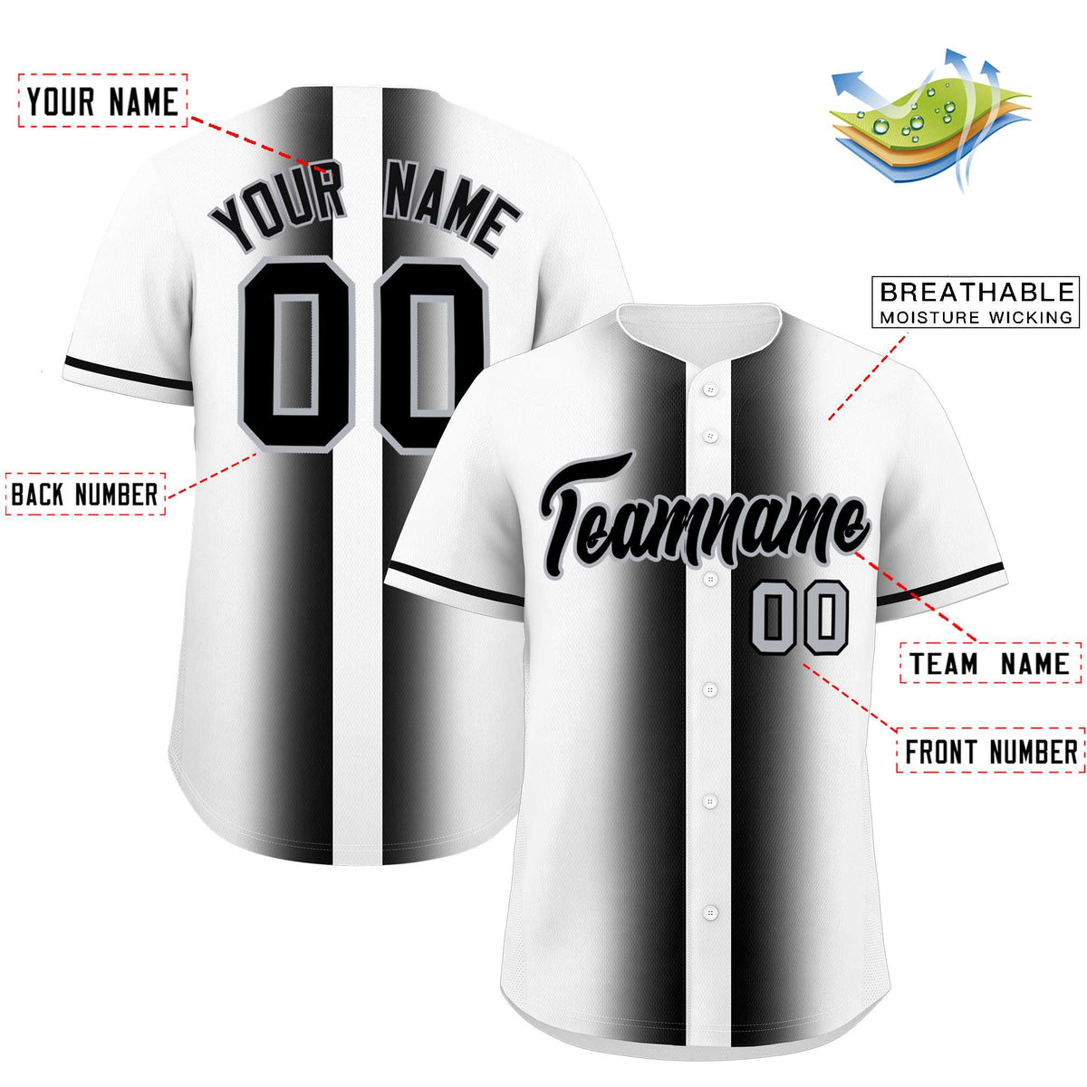 Custom White Black Lapel Gradient Fashion Authentic Baseball Jersey| KXKSHOP