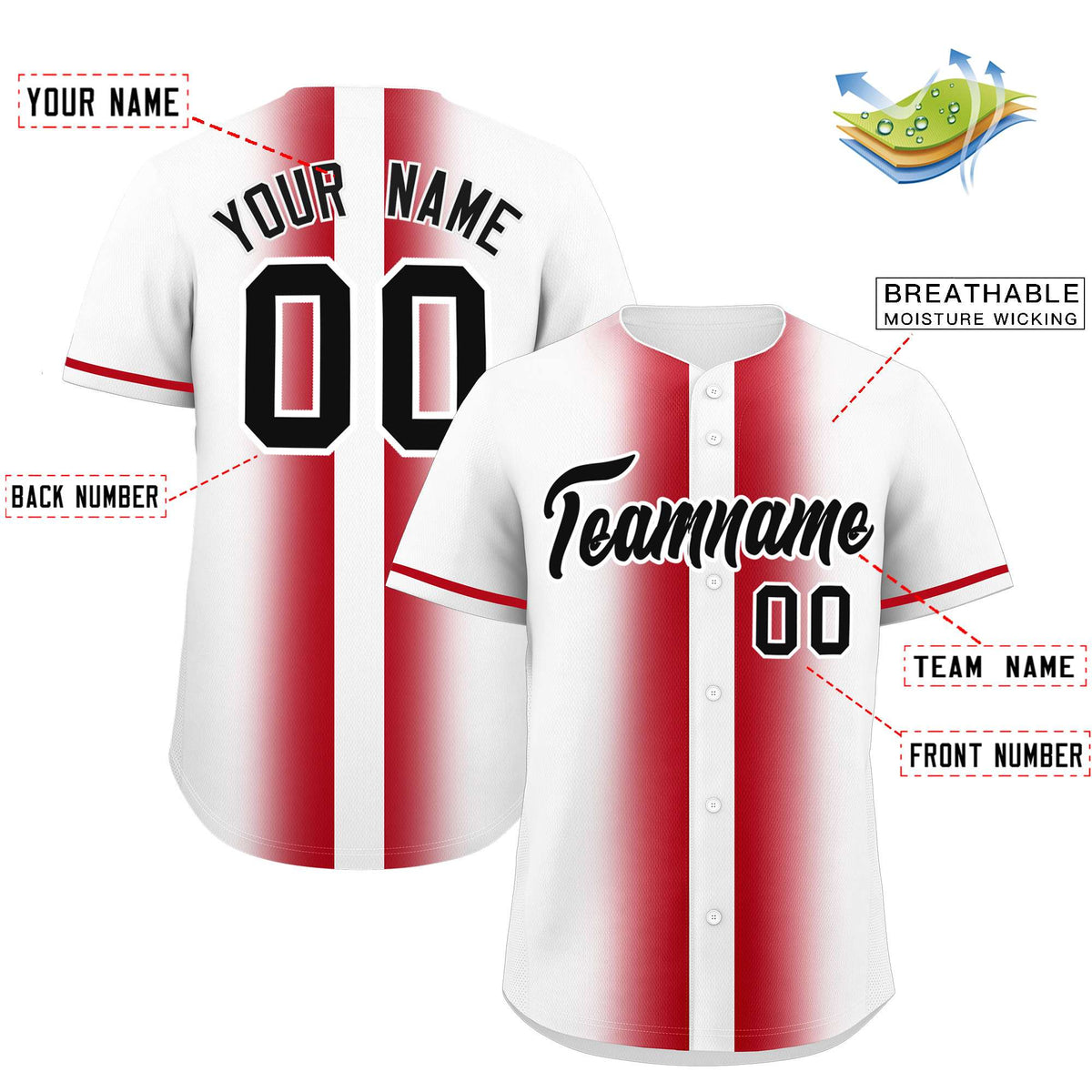 Custom White Red Lapel Gradient Fashion Authentic Baseball Jersey| KXKSHOP
