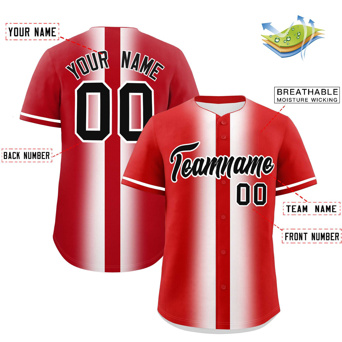 Custom Red White Lapel Gradient Fashion Authentic Baseball Jersey| KXKSHOP