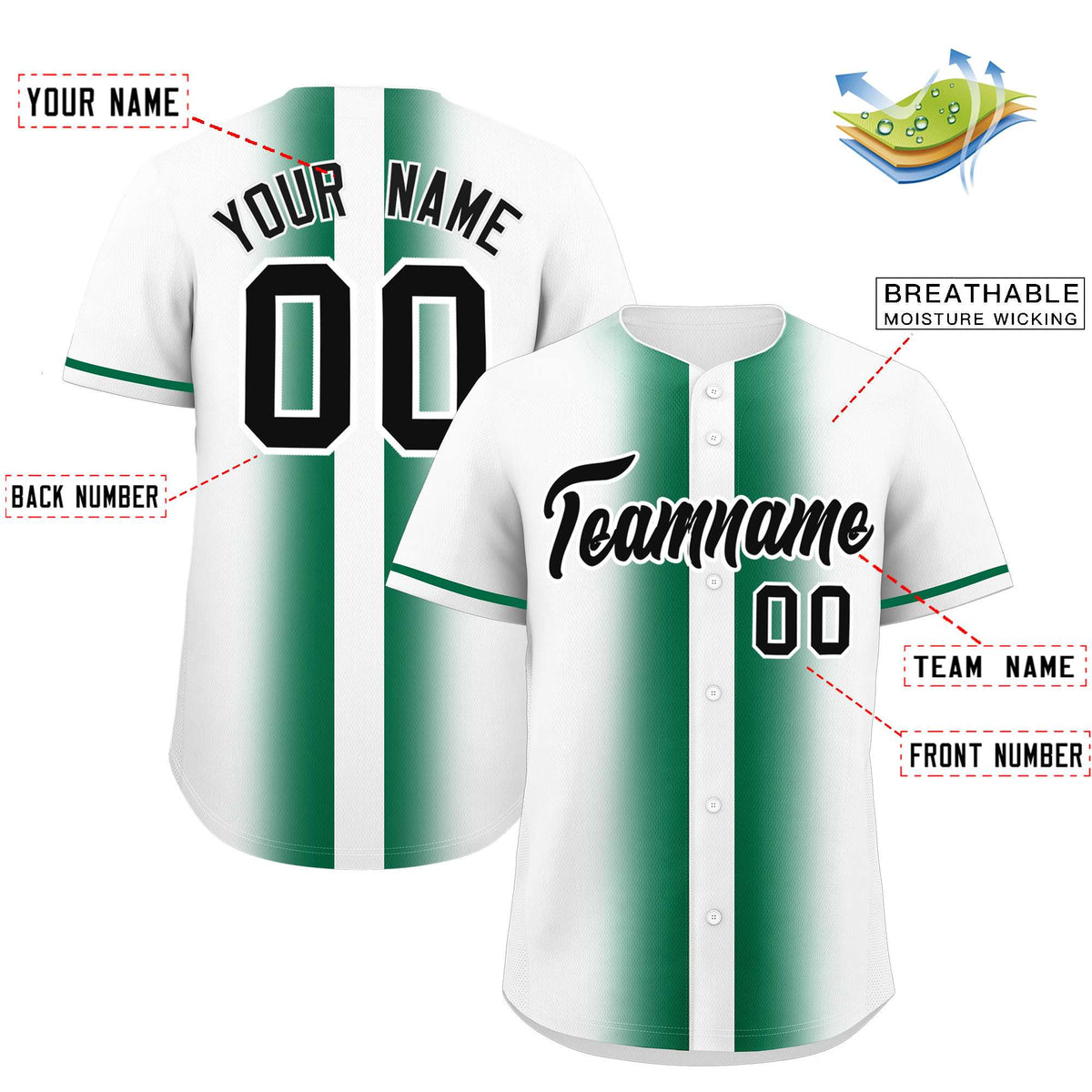 Custom White Kelly Green Lapel Gradient Fashion Authentic Baseball Jersey| KXKSHOP