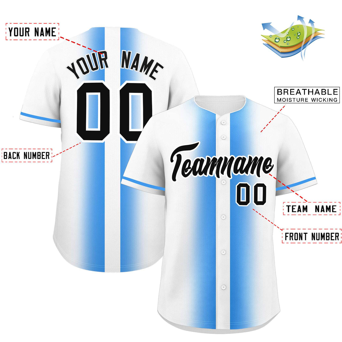 Custom White Powder Blue Lapel Gradient Fashion Authentic Baseball Jersey| KXKSHOP