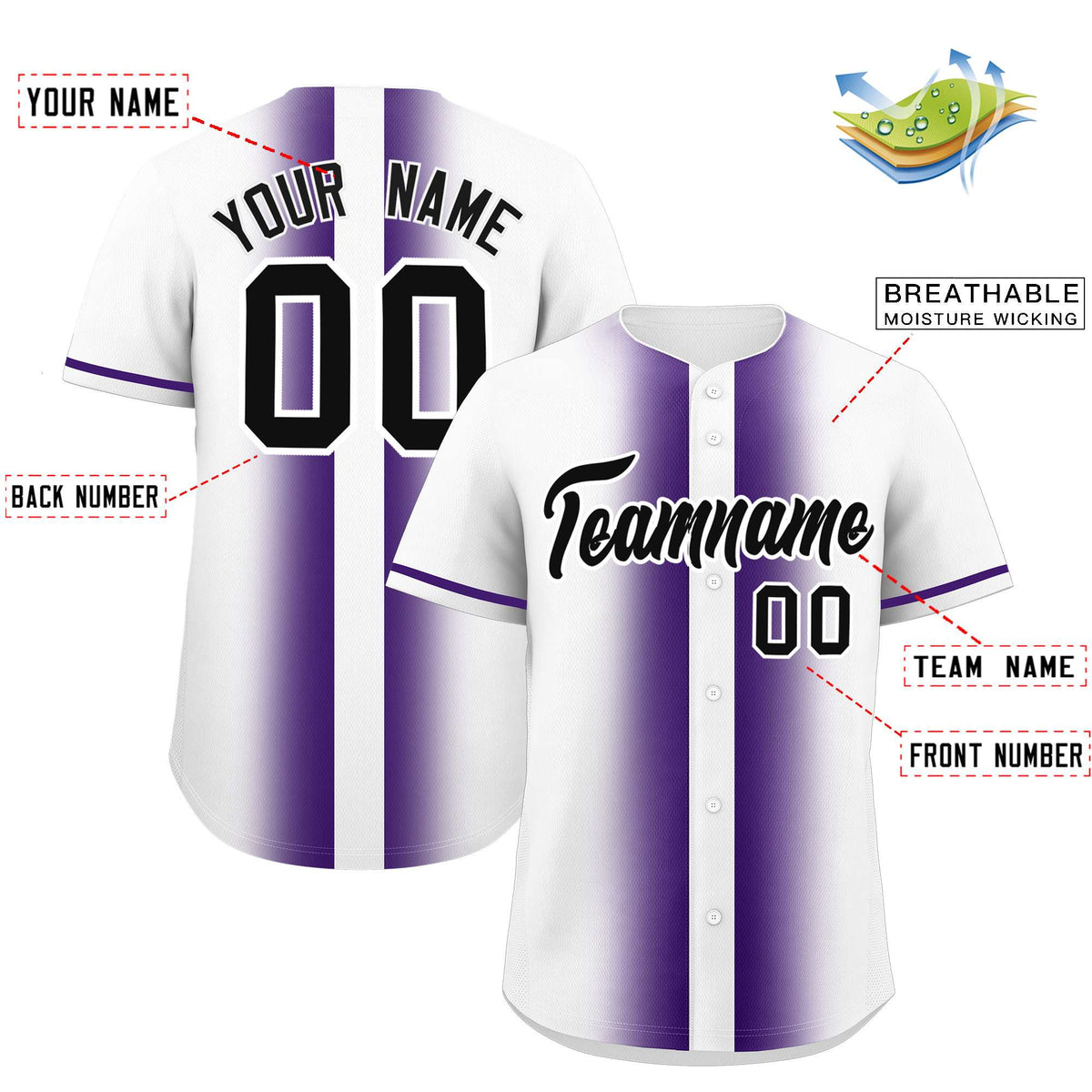 Custom White Purple Lapel Gradient Fashion Authentic Baseball Jersey| KXKSHOP