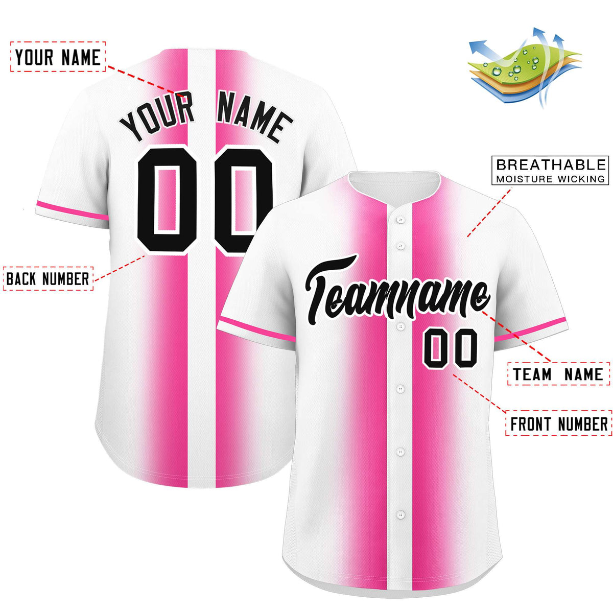 Custom White Pink Lapel Gradient Fashion Authentic Baseball Jersey| KXKSHOP