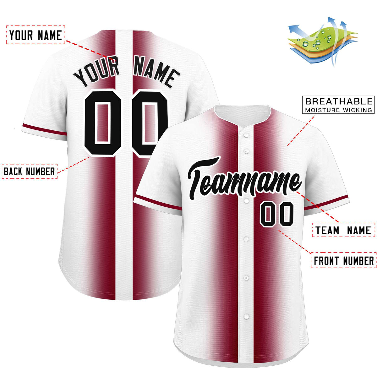 Custom White Crimson Lapel Gradient Fashion Authentic Baseball Jersey| KXKSHOP