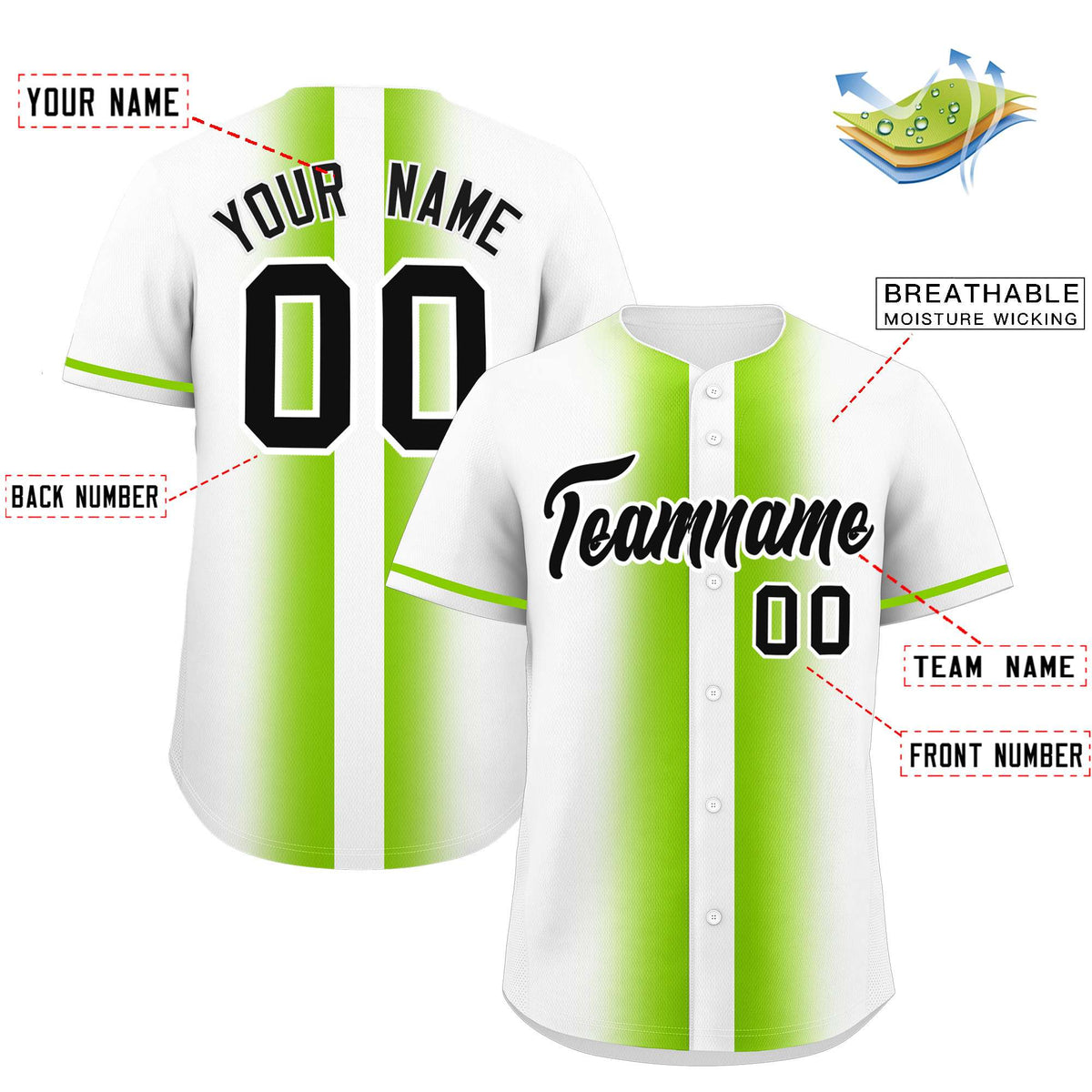 Custom White Neon Green Lapel Gradient Fashion Authentic Baseball Jersey| KXKSHOP