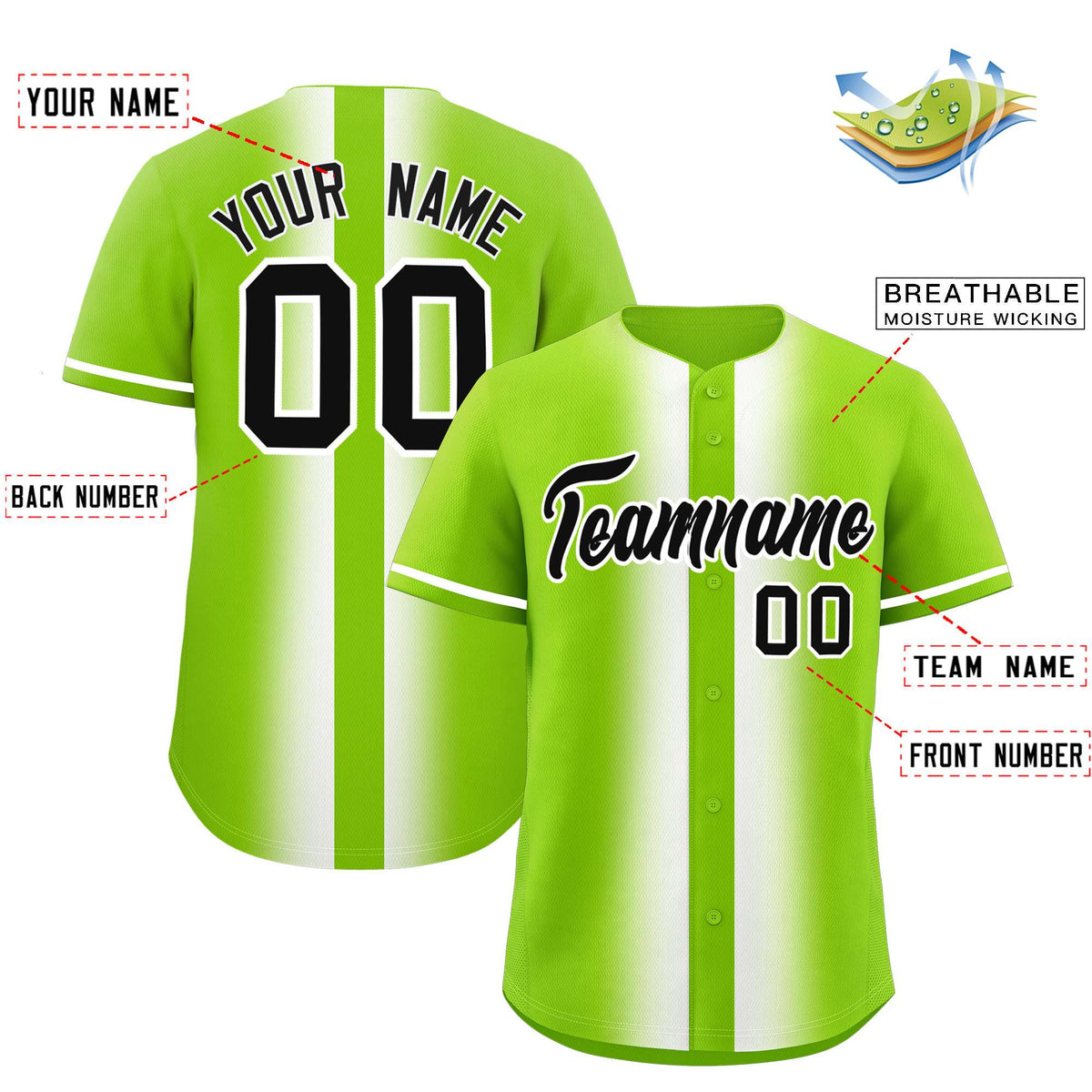 Custom Neon Green White Lapel Gradient Fashion Authentic Baseball Jersey| KXKSHOP