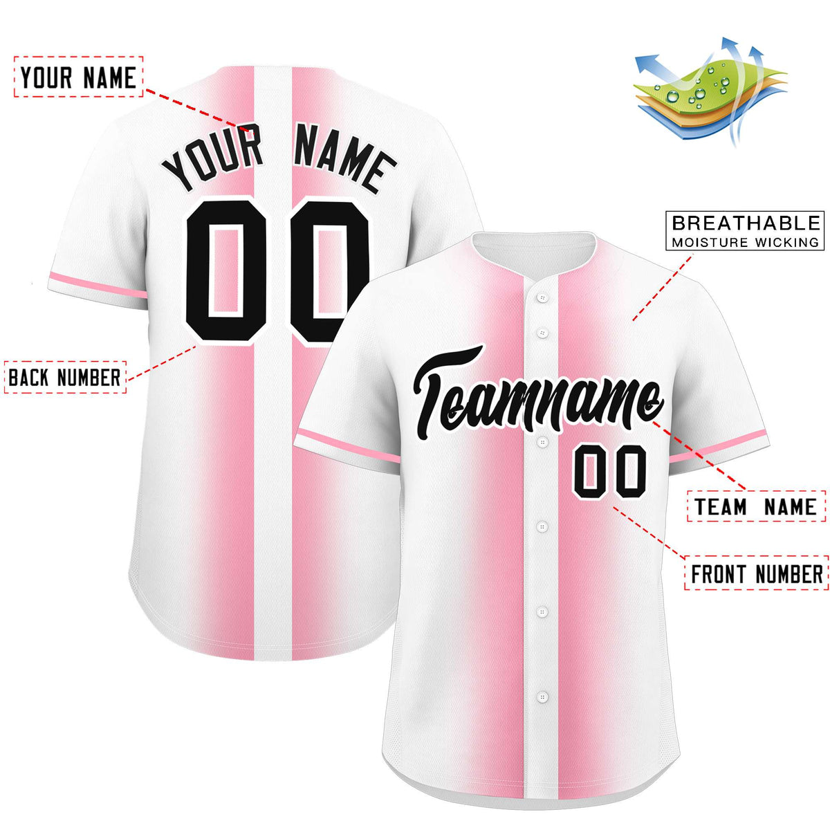 Custom White Light Pink Lapel Gradient Fashion Authentic Baseball Jersey| KXKSHOP