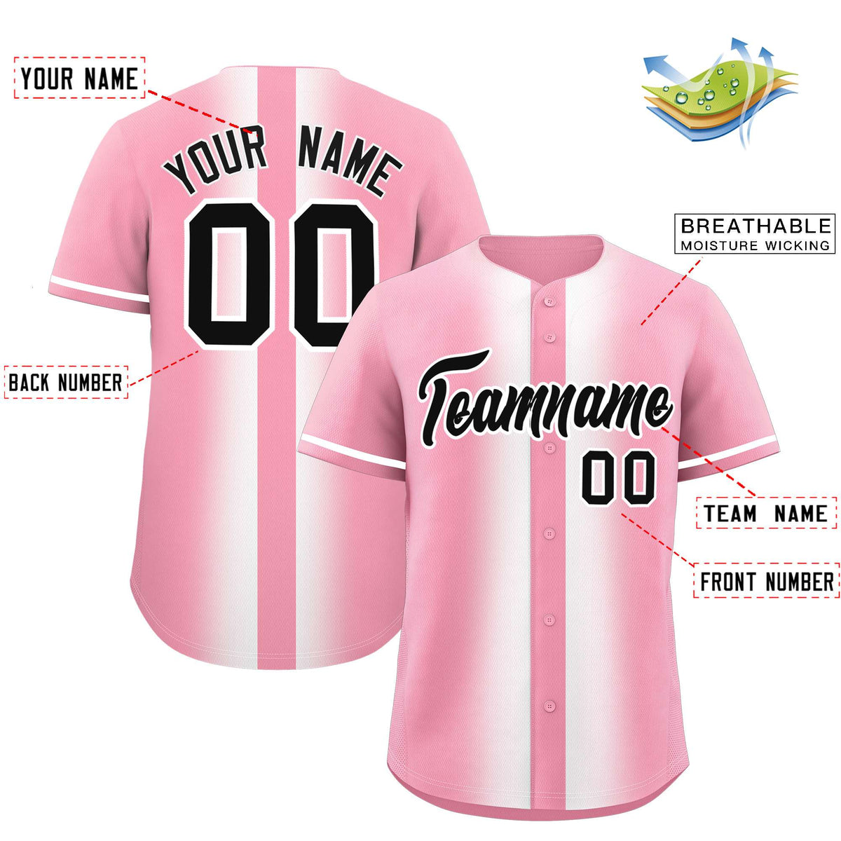 Custom Light Pink White Lapel Gradient Fashion Authentic Baseball Jersey| KXKSHOP
