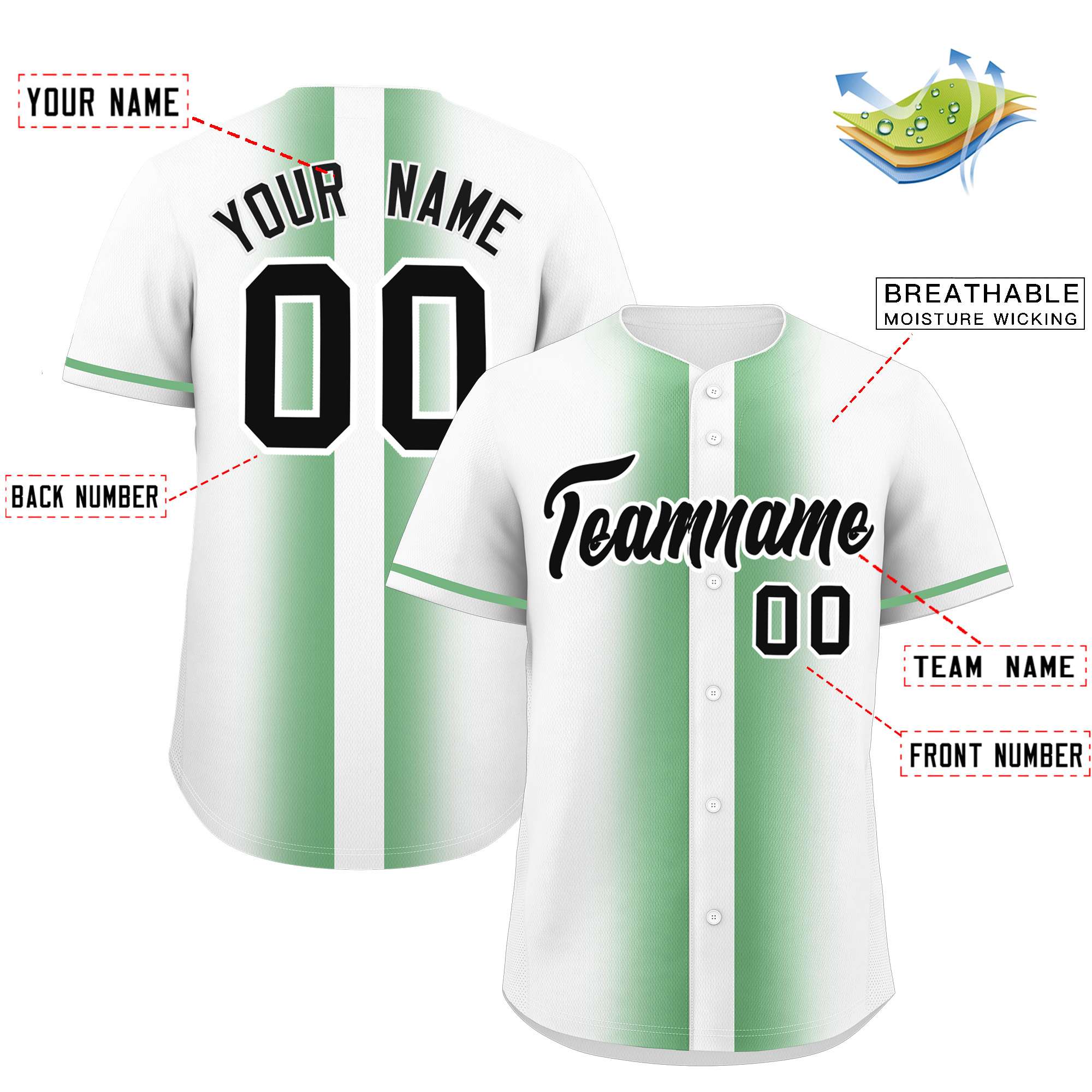 Custom Green White Lapel Gradient Fashion Authentic Baseball Jersey| KXKSHOP