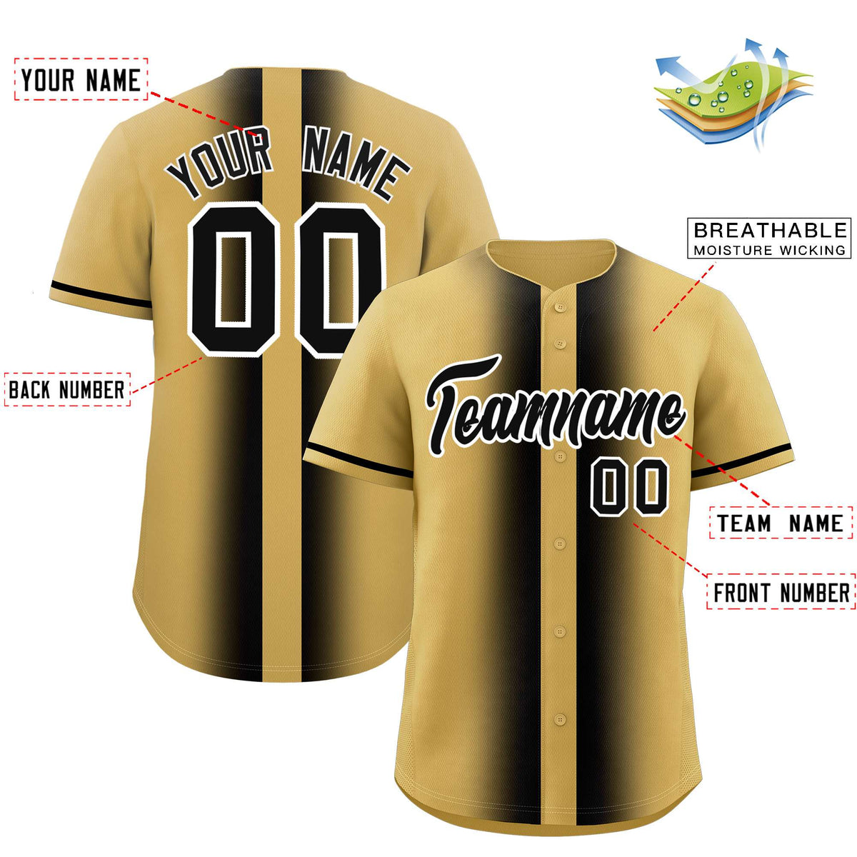 Custom Old Gold Black Lapel Gradient Fashion Authentic Baseball Jersey| KXKSHOP