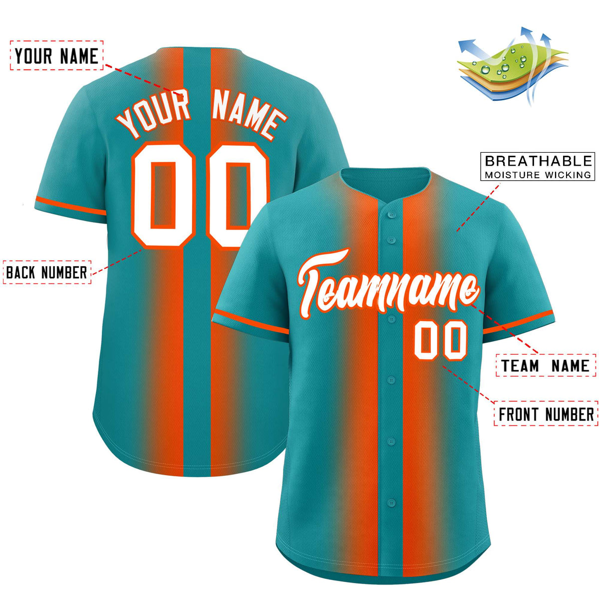 Custom Aqua Orange Lapel Gradient Fashion Authentic Baseball Jersey| KXKSHOP
