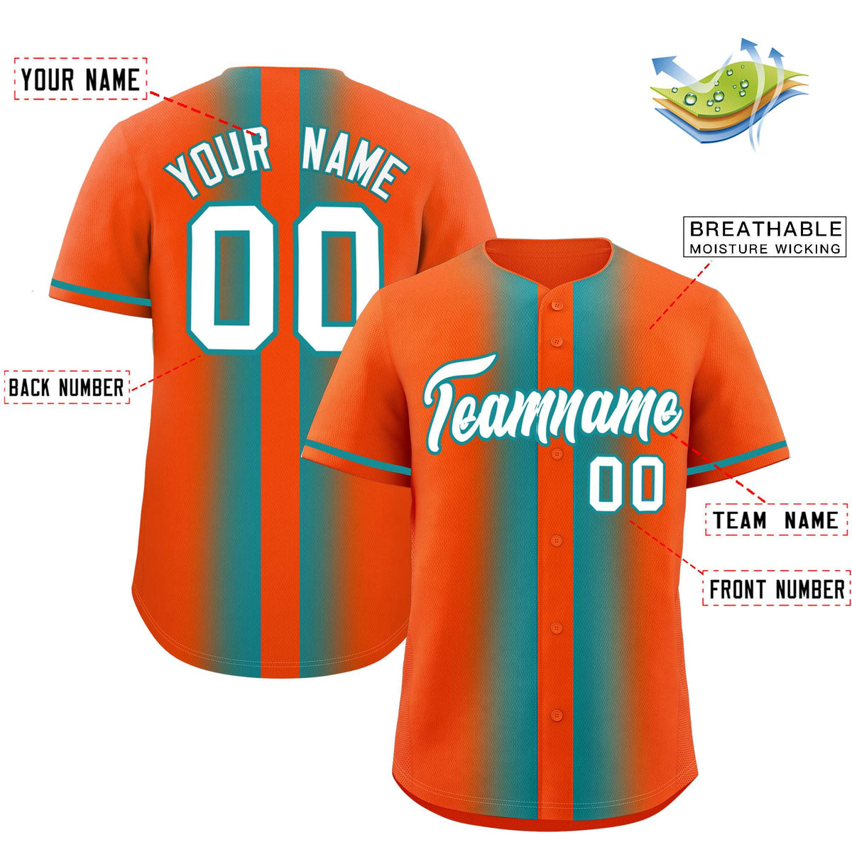 Custom Orange Aqua Lapel Gradient Fashion Authentic Baseball Jersey| KXKSHOP