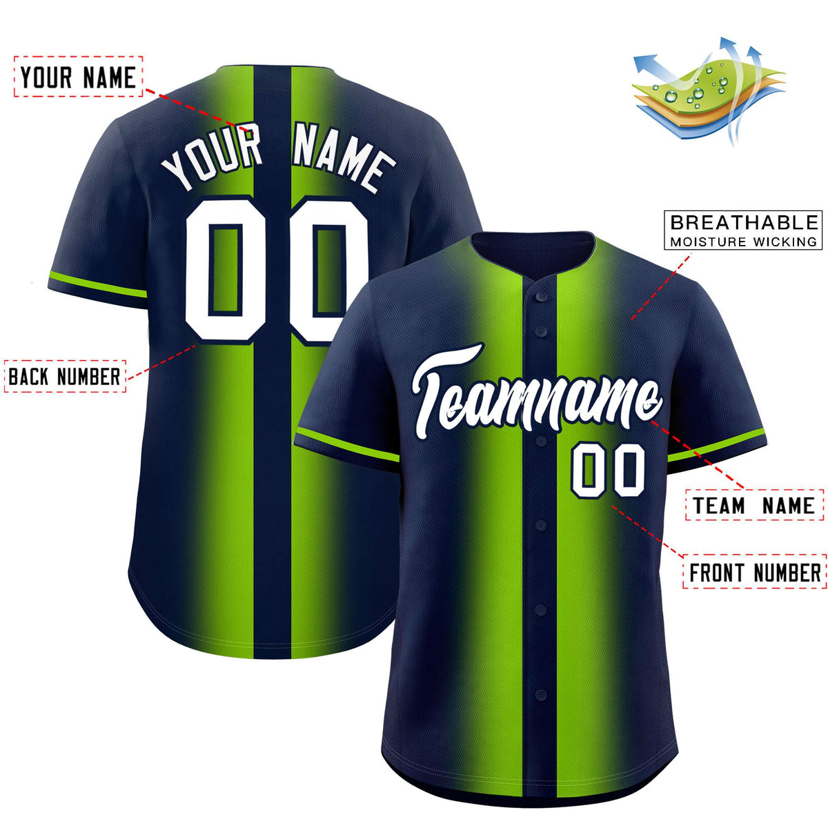 Custom Navy Neon Green Lapel Gradient Fashion Authentic Baseball Jersey| KXKSHOP