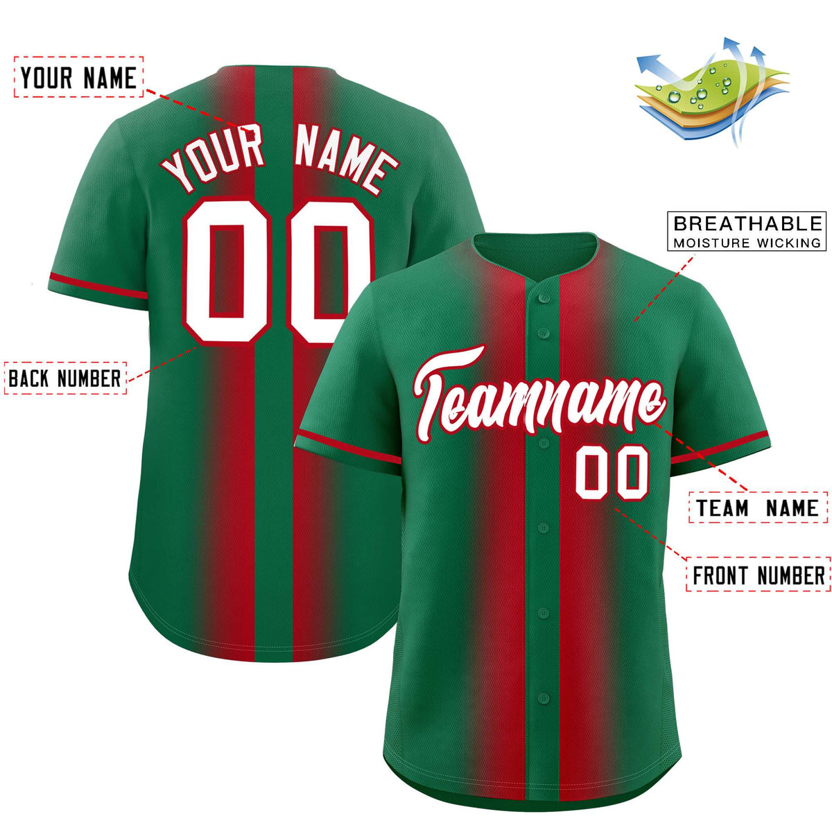 Custom Kelly Green Red Lapel Gradient Fashion Authentic Baseball Jersey| KXKSHOP