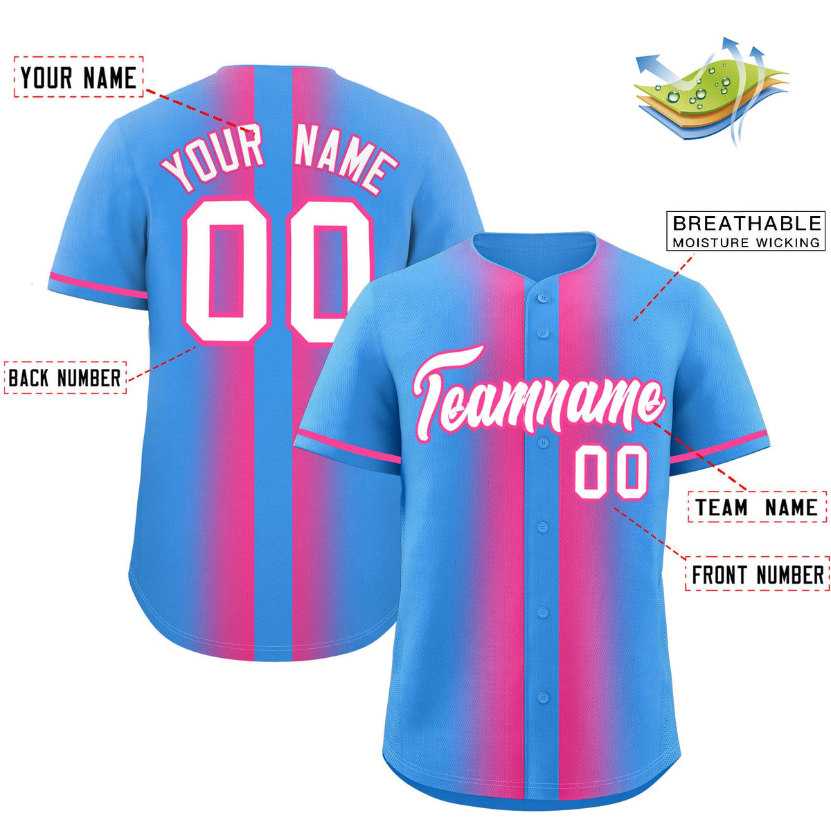 Custom Powder Blue Pink Lapel Gradient Fashion Authentic Baseball Jersey| KXKSHOP