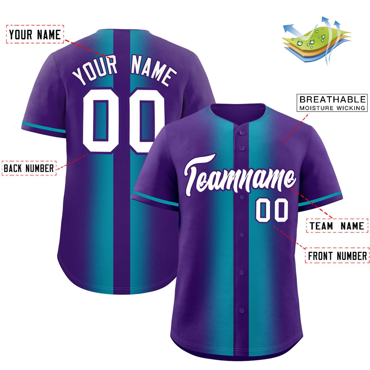 Custom Purple Aqua Lapel Gradient Fashion Authentic Baseball Jersey| KXKSHOP