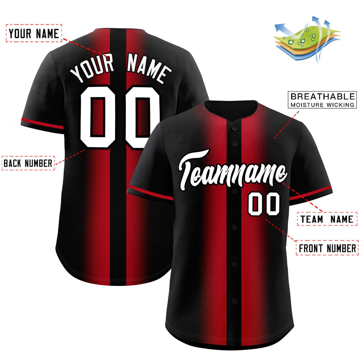 Custom Black Red Lapel Gradient Fashion Authentic Baseball Jersey| KXKSHOP