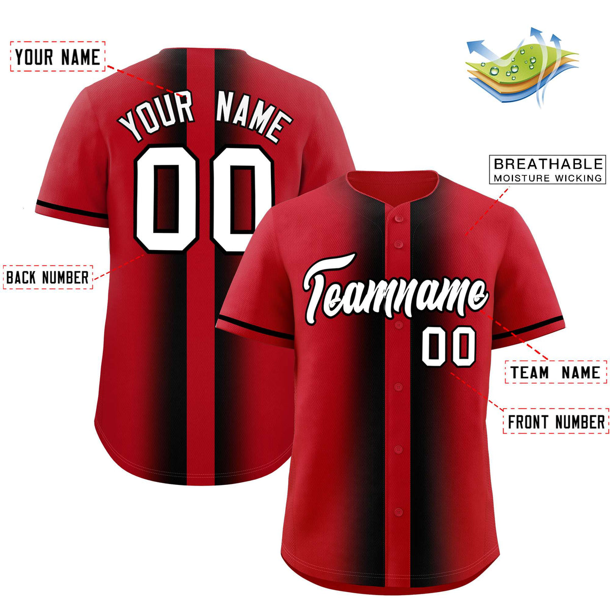 Custom Red Black Lapel Gradient Fashion Authentic Baseball Jersey| KXKSHOP